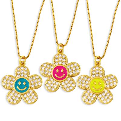 China NEW Brass BOHEMIA Summer Smile Flower Necklace Zirconia Link Chain Copper Gold Plated Necklace Pendant for sale