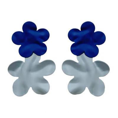 China NEW Fashion Design Contrast Blue Flower Painting Double Flower Stud Earrings Exquisite Blue Flower Clip Earrings for sale