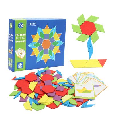 China Kinds of 130 PCS Wooden Pattern Blocks Geometric Classic Shape Toys Educational Tangrams Puzzles Set for Kids with 24 Design Cards for sale