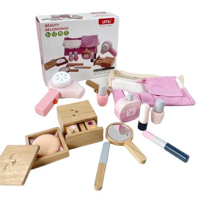 China High Quality 12Pcs Wooden Beauty Toy Wooden Beauty Salon Pretend Makeup Toy Role Play Cosmetics Simulation Beauty Props For Kids Gifts for sale