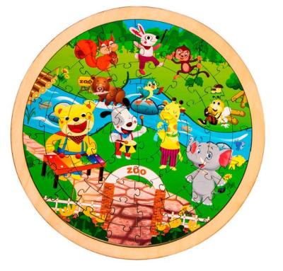 China 2021 New Large Size Cartoon Circle Shaped Animal Educational Toy 60 Piece Wooden Jigsaw IQ Puzzle Toys Children for sale