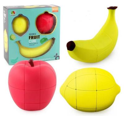 China fruit shaped magic puzzle 3 in 1 set new style fruit shaped plastic magic cube Brain Teaser Banana-fig lemon puzzles for kids for sale