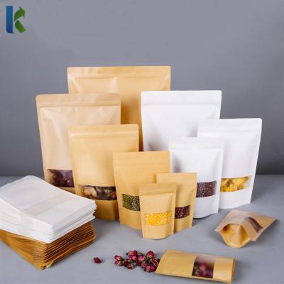 China Recycled Custom Printed Materials Wholesale Clear Window Compostable Holder Up Brown Unprinted Paper Zipper Pouch Kraft Paper Bag For Snack Packing for sale