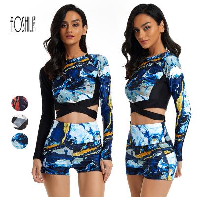 China AOSHILI Breathable Two Piece Flat Type Swimming Rash Guard Angle Long Sleeved Women Rash Guard Bikini Swimwear Surf Bikini for sale