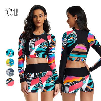 China AOSHILI Women Breathable Long Sleeve Rash Guard Bikini Two Piece Angle Flat Type Swimming Rash Guard Swimwear Surf Bikini for sale