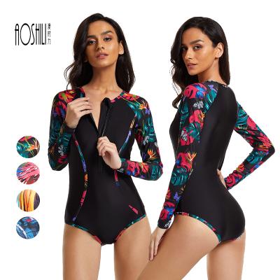 China AOSHILI Long Sleeve Surfing Swimsuit 2021 New Style Women Rash Guard One Piece Long Sleeves Swimwear For Women Floral Print Swimwear for sale