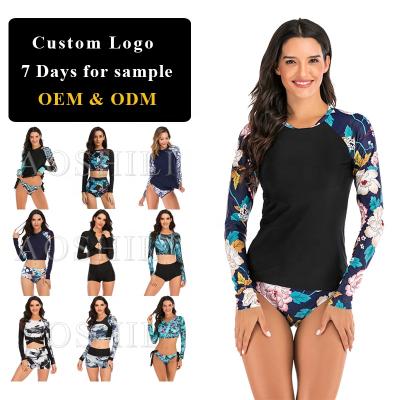 China AOSHILI OEM Eco-Friendly Ladies Two Piece Surfing Top 50 UPF Long Sleeve Fitness Swimwear For Women Rashguard Surf Bikini Women Rash Guard for sale