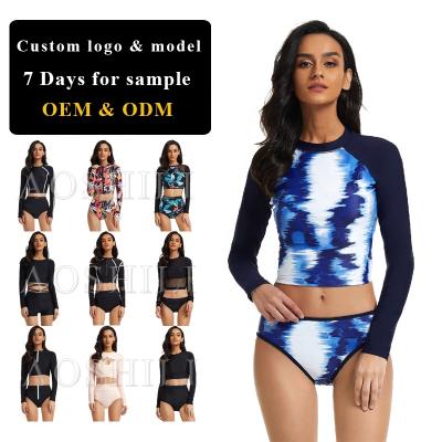 China AOSHILI 2021 Breathable Women Swimsuit Printed Blue Swimming Suits Surfing Logo Surfsuit Sleeves Bathing Suit Swimwear Customized Long for sale