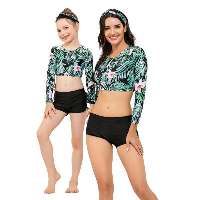 China AOSHILI Floral Print Swimsuit Parent Child Swimwear Breathable Long Sleeve Beachwear Mother and Kids One Piece Swimwear for sale