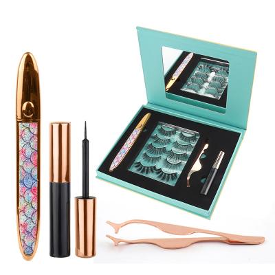 China Natural Soft High Quality 5 Pairs 3D Eye Lashesh Silk Eyelashes Set With Tube Glue Eyeliner Stick Pen Gift Box With Mirror for sale