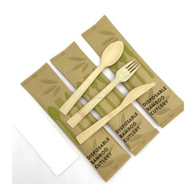 China Custom Bamboo Degradable Tableware Cutlery Individually New Wrap Natural Bamboo Disposable Design Set With Spoon Fork Knife for sale