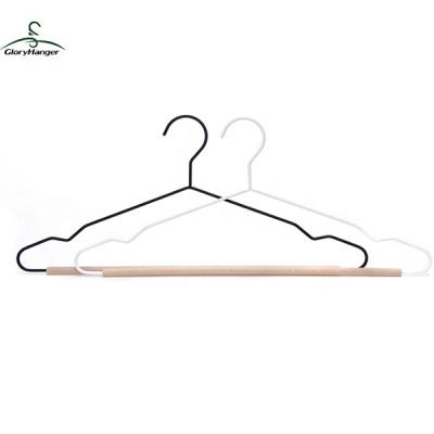 China Household CLASSIC wholesale metal coat hanger with natural wooden pants bar for sale