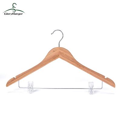 China Anti-slip saving bamboo hanger with transparent plastic hook and cut 2 U notches for sale