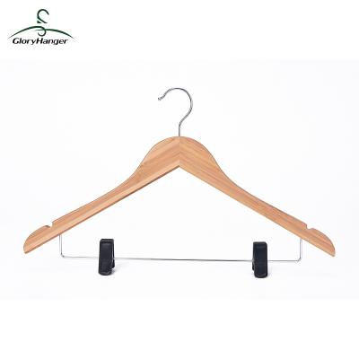 China Anti-Slip Multi Purpose Bamboo Hanger With Black Plastic Clips And 2 U Notches for sale