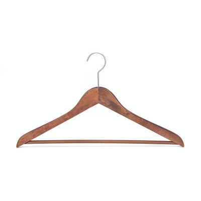 China CLASSIC Antique Wooden Color Clothes Hanger With Nickel Plated Hook And Trouser Bar for sale