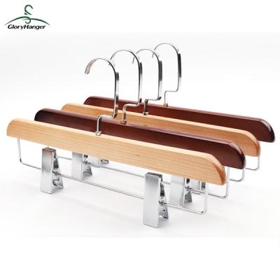 China Lotus Wood Custom Cheap Cherry Anti-Slip High Quality Cloth Wooden Hanger with Clips for Skirt Pants and Trouser Organizer for sale