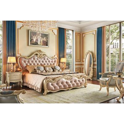 China Ornate Extended King Size Bed Set Champagne Gold Fancy Bedroom Suite Antique Wood Luxury Furniture Set for sale