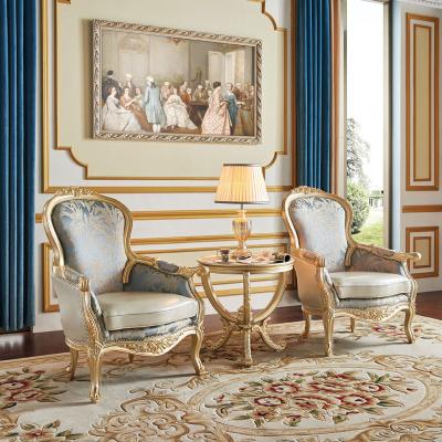 China Living Room Furniture EUROPEAN Fancy Luxury Gold Wooden Coffee Table Armchairs Leisure Console Table Chair Sets for sale