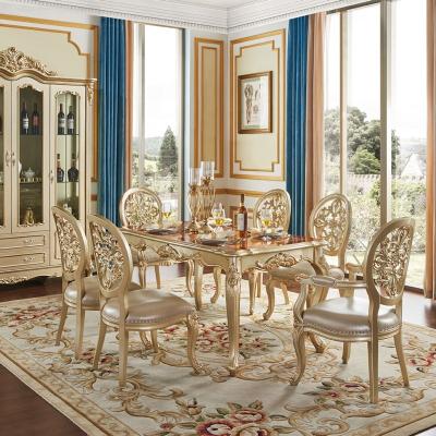 China European Antique Furniture Design Style Dining Room Dining Car Champagne Gold Wooden Table Chairs Set With Armrest for sale