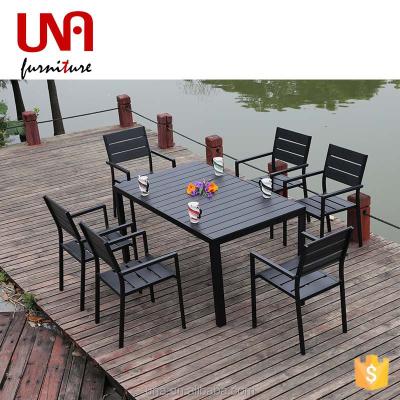 China Modern Patio Furniture 6 Seat Aluminum Dining Table Sets Aluminum Table And Stacking Chairs For Restaurant for sale