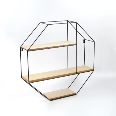 China Eco - Friendly Octagon Shape Black Metal Wire And Wooden Wall Mounted Storage Shelves for sale