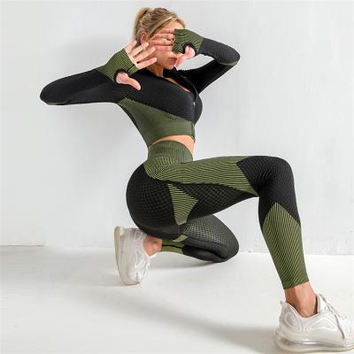 China Seamless Breathable Girls Yoga Gym Wear Sport Suit Long Sleeve Upper High Waist Sports Gaiters Sets For Girls for sale