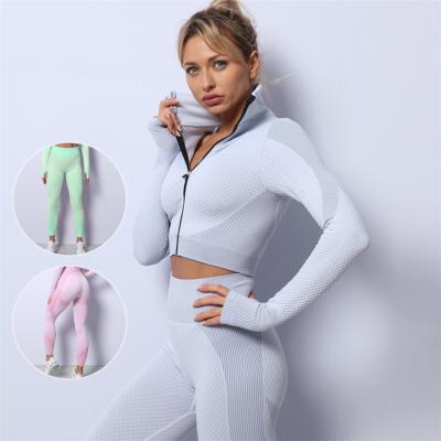 China Popular Lady Breathable Seamless Zipper Fitness Sets Long Sleeve Yoga Tops Activewear Gaiters And Top Set for sale