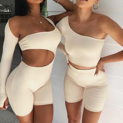 China 2021 Fashion Women's Casual Solid One Piece QUICK DRY Two Piece Shoulder Tops Sportswear Shorts Street Fitness Jogger Biker Shorts Set for sale