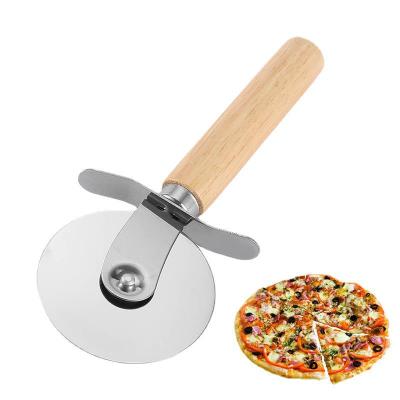 China Sustainable Stainless Steel Baking Tools Wooden Round Wheel Handle Pizza Divider Single Roller Wheel Pizza Cutter for sale