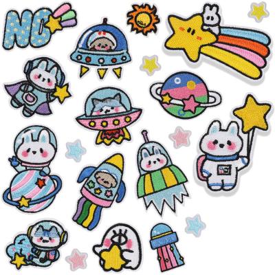 China Handmade Embroidered Cloth Stickers Clothes Patch Cartoon Pattern Spaceship Patch Stars Embroidery Hot Melt Patch for sale