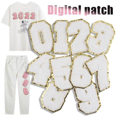 China Handmade Wholesale Number Embroidered Fabric Stickers White0-9Towel Digital Embroidery Patch for sale