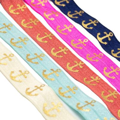 China Wholesale 5/8 Elastic Inch Logo Printed Nylon Elastic Band Custom Made Fashion Custom Printed Gilding Fold Over Elastic For Hair Band for sale