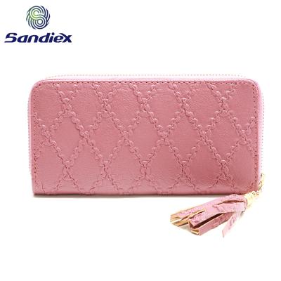 China Fashion Waterproof Pink Long Thin Soft PU Leather With Tassel Handle Women Wallet Purse For Lady for sale