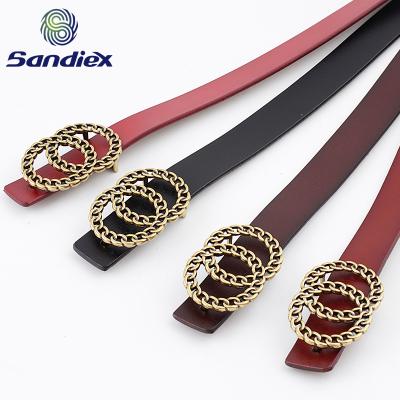 China New Style High Quality Casual Popular Genuine Cowhide Flatback Alloy Leather Belts Pin Double Round Buckle Belts For Women for sale