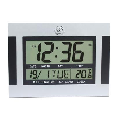 China CL111 Europe Big Size Digital Temperature Measurement Calendar Jumbo LCD Display Hanging Alarm Wall Clock for sale