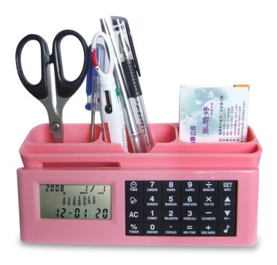 China Multifunctional Office Desktop Calculator Plastic Storage Pen Container with Digital Time Calculator Calendar for sale