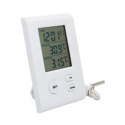 China Decorative Mini Portable Pocket Table Wired Kitchen Thermometers Indoor Outdoor Thermometer With Clock Function for sale