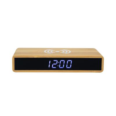 China Antique Style Bamboo Smart Time-Temperature Display Alarm Clock Wireless Charger Clock for sale