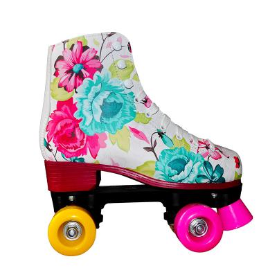 China Beautiful Colorful Flower Rose Wheel Brakes Four Wheel Roller Skate Shoes 4 Yards Adjustable for sale