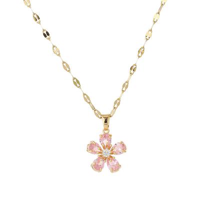 China Lovely new fashion temperament personality temperament female super instant soft pink Diamond Flower Pendant Necklace for sale