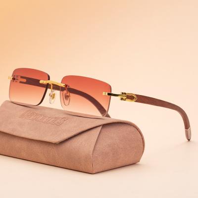 China Wooden Bamboo Eyewear Logo Gafas De Sol Custom All-match Legs Small Classic Rimless Eyewear Retro Fashion Sun Glasses Eyewear for sale