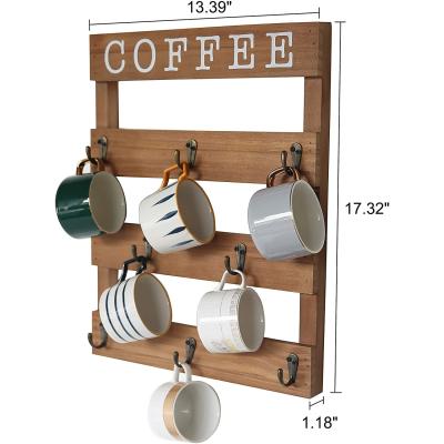 China Sustainable Rustic Coffee Mug Rack Wall Mounted Wooden Mugs Rack Organizer 12 Hooks with Display Storage and Collection Shelf (Retro Brown) for sale