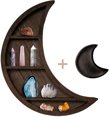 China Wooden Wall Mounting Wooden Floating Shelves Hanging Storager Display Moon Shelves Decorative Home Wall Macrame Wall Hanging for sale