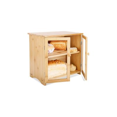 China Multifunctional Kitchen Bamboo Bread Box, Adjustable 2 Layer Wooden Bread Bin With Acrylic Stained Glass And Storage Drawer for sale