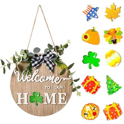 China Interchangeable Round Wooden Welcome Seasonal Home Sign Door Interchangeable Welcome Sign for Front Door Decoration for sale