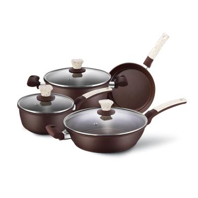 China Sustainable carbon steel kitchen cookware set with non stick ceramic coating and luxurious soft touch handles for sale