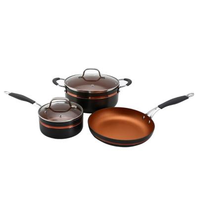 China Sustainable aluminum press cookware set with premium copper non stick coaitng and stainless steel handle for sale