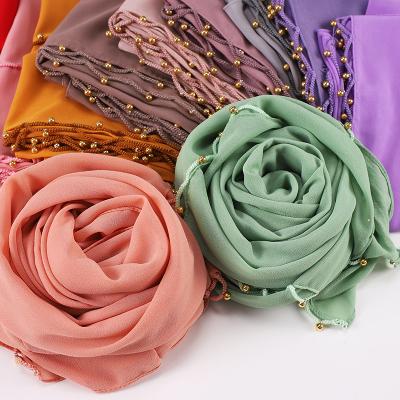 China New Fashion Pearl Chiffon Malaysian Lace Head Scarf With Gold Trim Headscarf for sale