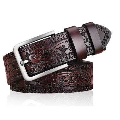 China Customized Genuine Leather Belt Man Dress Belt Cowhide Logo Classic Pin Cowhide Buckle Retro Leather Belt Amazon Embossed Belt for sale