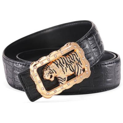 China Cowhide Cambodia Buckle Crocodile Leather Belt Rhinestone Buckle Belt Cowhide Leather Alligator Animal Head Belt for sale